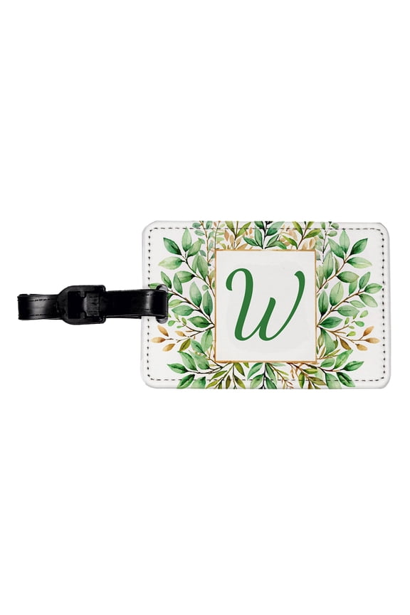Letter W Initial Monogram Frame Leaf Faux Leather Travel Luggage Tag