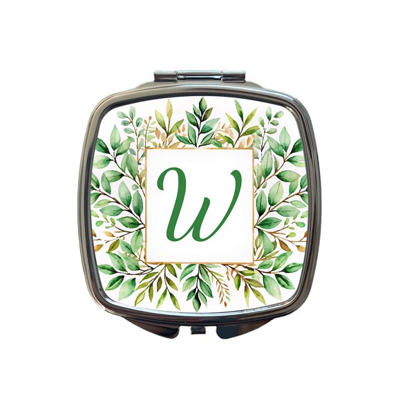 Letter W Initial Monogram Frame Leaf Travel Makeup Handbag Purse Small Pocket Compact Mirror
