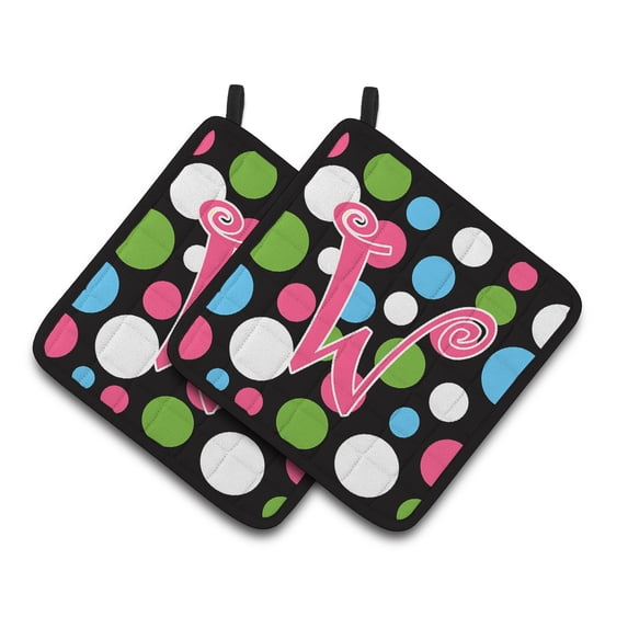 Letter W Initial Monogram - Polkadots and Pink Pair of Pot Holders