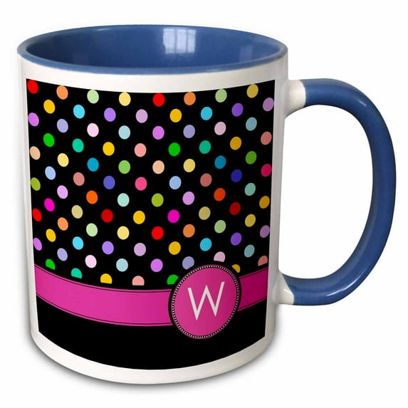 3drose, Letter W Monogrammed on Rainbow Polka Dots Pattern with Hot Pink Personal Initial - Colorful Girly, 15oz Two-tone Blue Mug