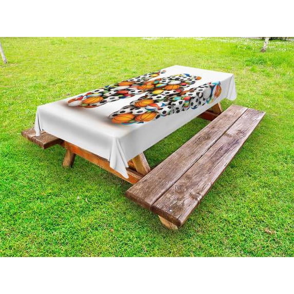 Letter W Outdoor Tablecloth, Sports Themed Typography Alphabet Symbol with Various Balls Athletics Kids Design, Decorative Washable Fabric Picnic Table Cloth, 58 X 84 Inches,Multicolor, by Ambesonne