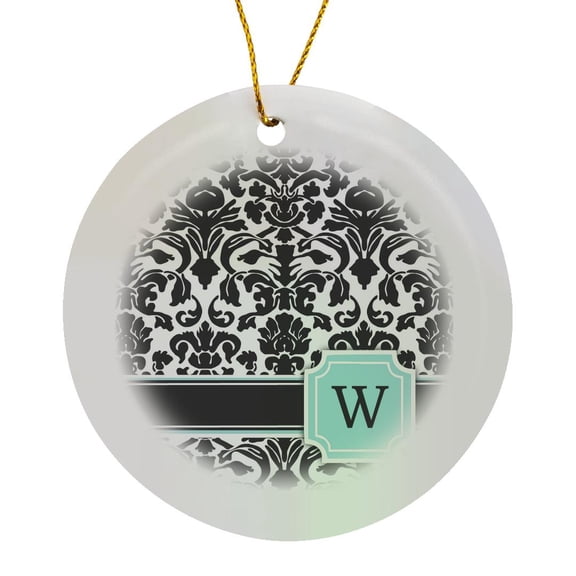 3drose, Letter W Personal Monogrammed Mint Blue Black and White Damask Pattern - Classy Personalized Initial, Circle Porcelain Ornament