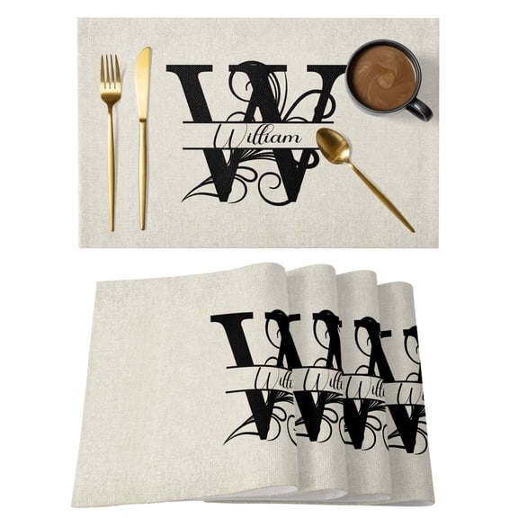 Letter W Placemats Set of 2, Cotton Linen Fabric Place Mats, Monogram Words Washable Decorative Table Mats Protector for Home Kitchen Dining Wedding Party Coffee Tables