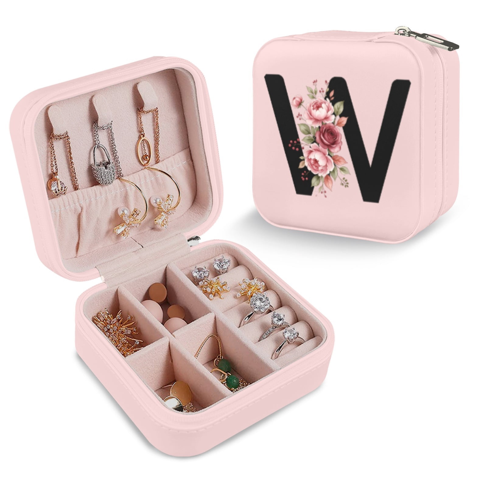 Letter W Portable PU Leather Travel Jewelry Box Color Printed Jewelry ...