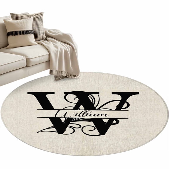Letter W Round Area Rug 4ft, Monogram Words Washable Non-Slip Circle Rugs for Bedroom Living Room Kitchen, Soft Non Shedding Circle Carpet for Dining Room Dorm