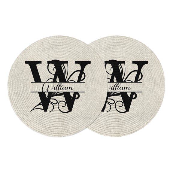 Letter W Round Placemats Set of 2, Braided Polypropylene Place Mats, Monogram Words Washable Table Mats for Kitchen Dinner Holiday Wedding Party Coffee Table Decoration 13"