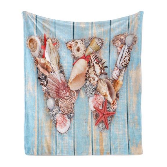 Letter W Soft Flannel Fleece Throw Blanket, Oceanic Composition Tropical Seashells Nature Maritime Theme Print, Cozy Plush for Indoor and Outdoor Use, 50" x 60", Dark Coral Pale Blue, by Ambesonne