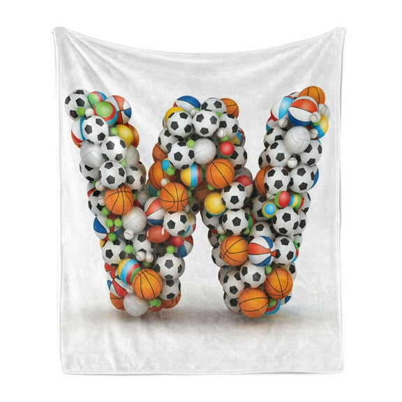 Letter W Soft Flannel Fleece Throw Blanket, Sports Themed Typography Alphabet with Various Balls Athletics Kids Design, Cozy Plush for Indoor and Outdoor Use, 50" x 70", Multicolor, by Ambesonne