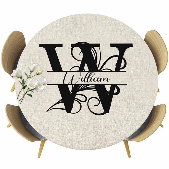 Letter W Table Cloth, Round Fitted Tablecloths with Elastic Edge, Monogram Words Wipeable Waterproof Table Cover for Kitchen Wedding 36-44 Inches