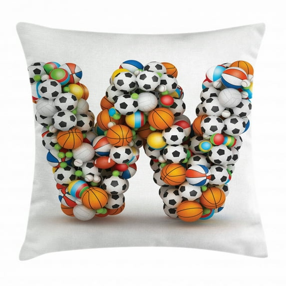 Letter W Throw Pillow Cushion Cover, Sports Themed Typography Alphabet Symbol with Various Balls Athletics Kids Design, Decorative Square Accent Pillow Case, 24 X 24 Inches, Multicolor, by Ambesonne