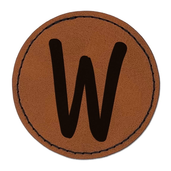 Letter W Uppercase Felt Marker Font 2.5" Faux Leather Round Engraved Iron-On Patch - Brown