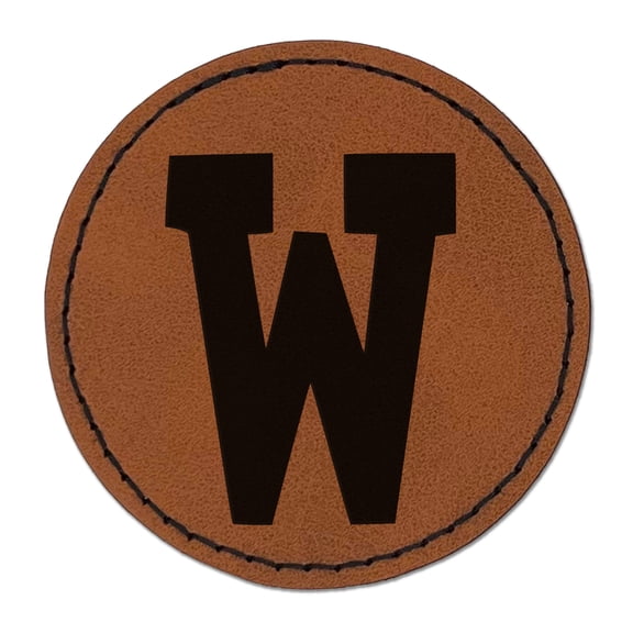 Letter W Uppercase Fun Bold Font 2.5" Faux Leather Round Engraved Iron-On Patch - Brown