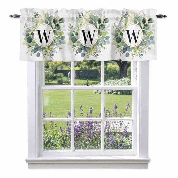 Letter W Valance Curtain Alphabet Green Eucalyptus Leaves Plant Simple Window Valances Rod Pocket Short Curtains Window Treatments for Kitchen Bedroom Bathroom Laundry 42" x 12"