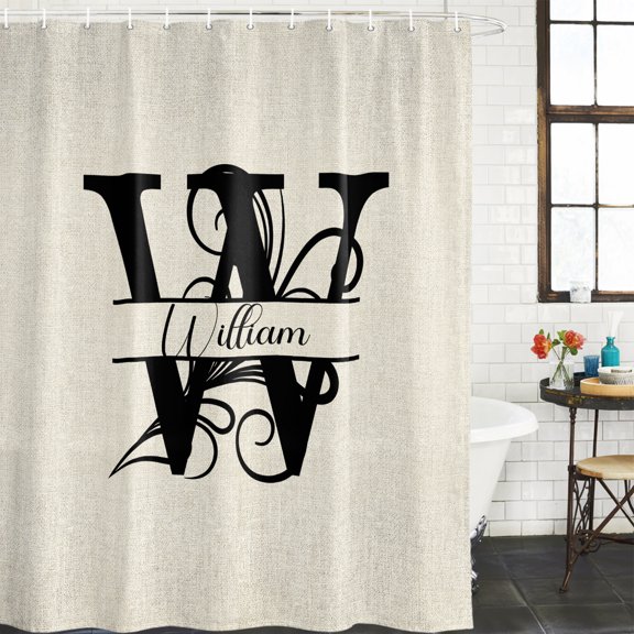 Letter W Waterproof Shower Curtain, 48"x72" Washable Polyester Fabric Shower Curtains for Bathroom, Monogram Words Decorative Bathtub Curtain Sets with Hooks
