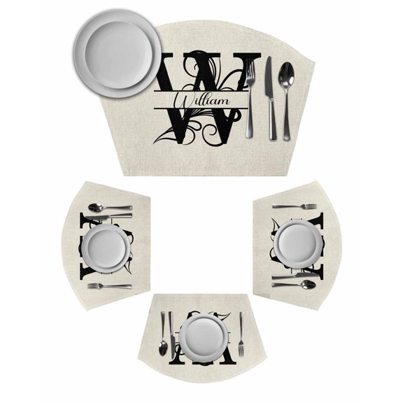 Letter W Wedge Shaped Placemats Set of 4, Cotton Linen Fan Place Mats, Monogram Words Washable Table Mats for Holiday Wedding Party Dinning Coffee Tables 11.8"x17.5"