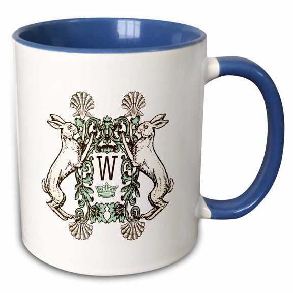 3drose, Letter W- White Rabbits Monogram with Shells and Crown, 11oz Two-tone Blue Mug