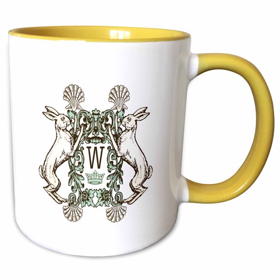3drose, Letter W- White Rabbits Monogram with Shells and Crown, 11oz Two-tone Yellow Mug