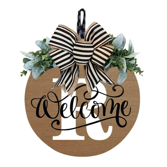 Letter Welcome Sign Wreath for Front Door, 11.8 Inch Personalized Last Name Wooden Hanging Sign with Eucalyptus Leaves & Black and White Striped Bow for Farmhouse Home All Year Round Decor