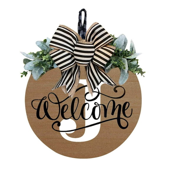 Letter Welcome Sign Wreath for Front Door, 11.8 Inch Personalized Last Name Wooden Hanging Sign with Eucalyptus Leaves & Black and White Striped Bow for Farmhouse Home All Year Round Decor