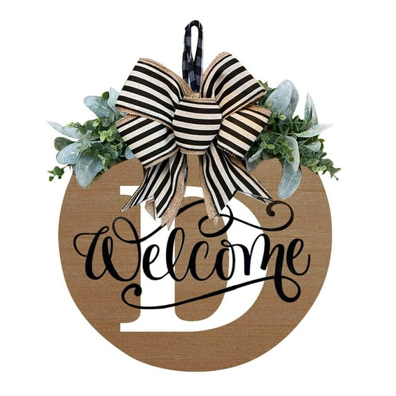 Letter Welcome Sign Wreath for Front Door, 11.8 Inch Personalized Last Name Wooden Hanging Sign with Eucalyptus Leaves & Black and White Striped Bow for Farmhouse Home All Year Round Decor