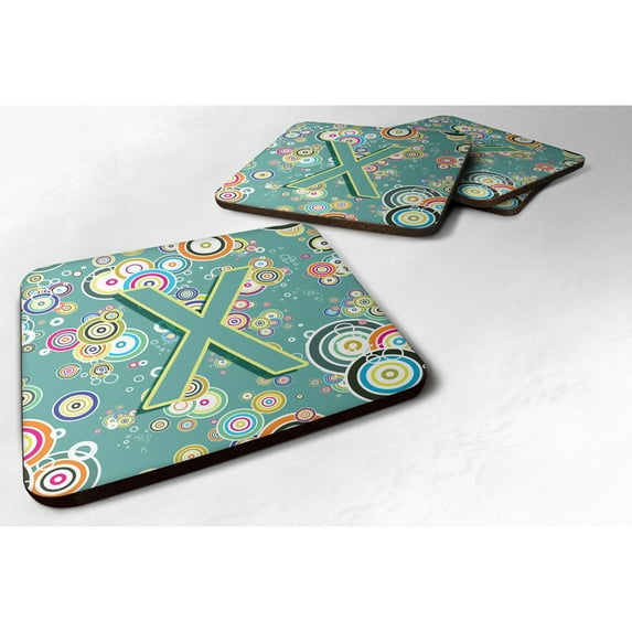 Letter X Circle Circle Teal Initial Alphabet Foam Coaster Set of 4
