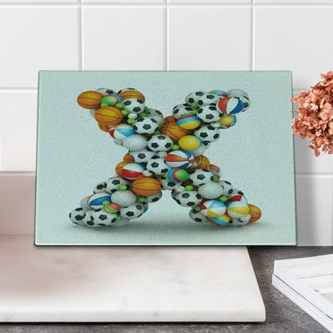 Letter X Cutting Board, Different Type of Balls Sporting Goods ABC Design Boys Alphabet Initials, Decorative Tempered Glass Cutting and Serving Board, Small Size, Multicolor, by Ambesonne