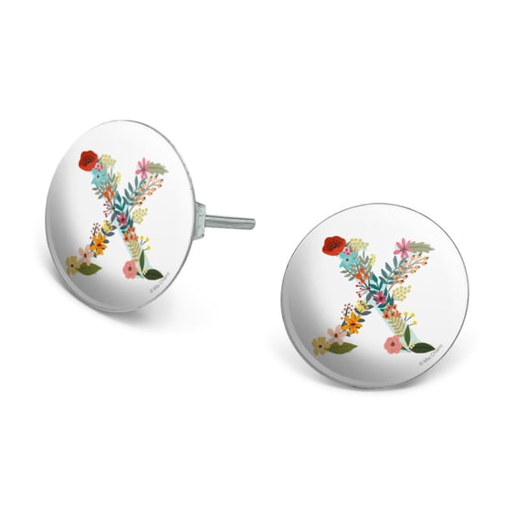 Letter X Floral Monogram Initial Novelty Silver Plated Stud Earrings