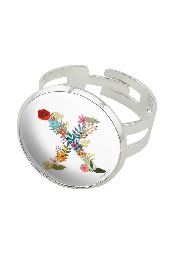 Letter X Floral Monogram Initial Silver Plated Adjustable Novelty Ring