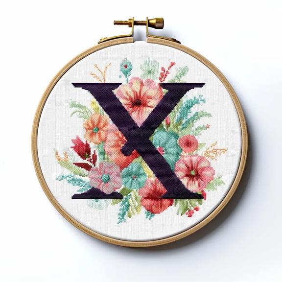 Letter X in Flowers Stamped Cross Stitch Kits for Beginners Easy with Hoop 11CT Needlepoint Embroidery Counted Cross Stitch Kits Art Craft Wall Decoration 35x35cm(3)
