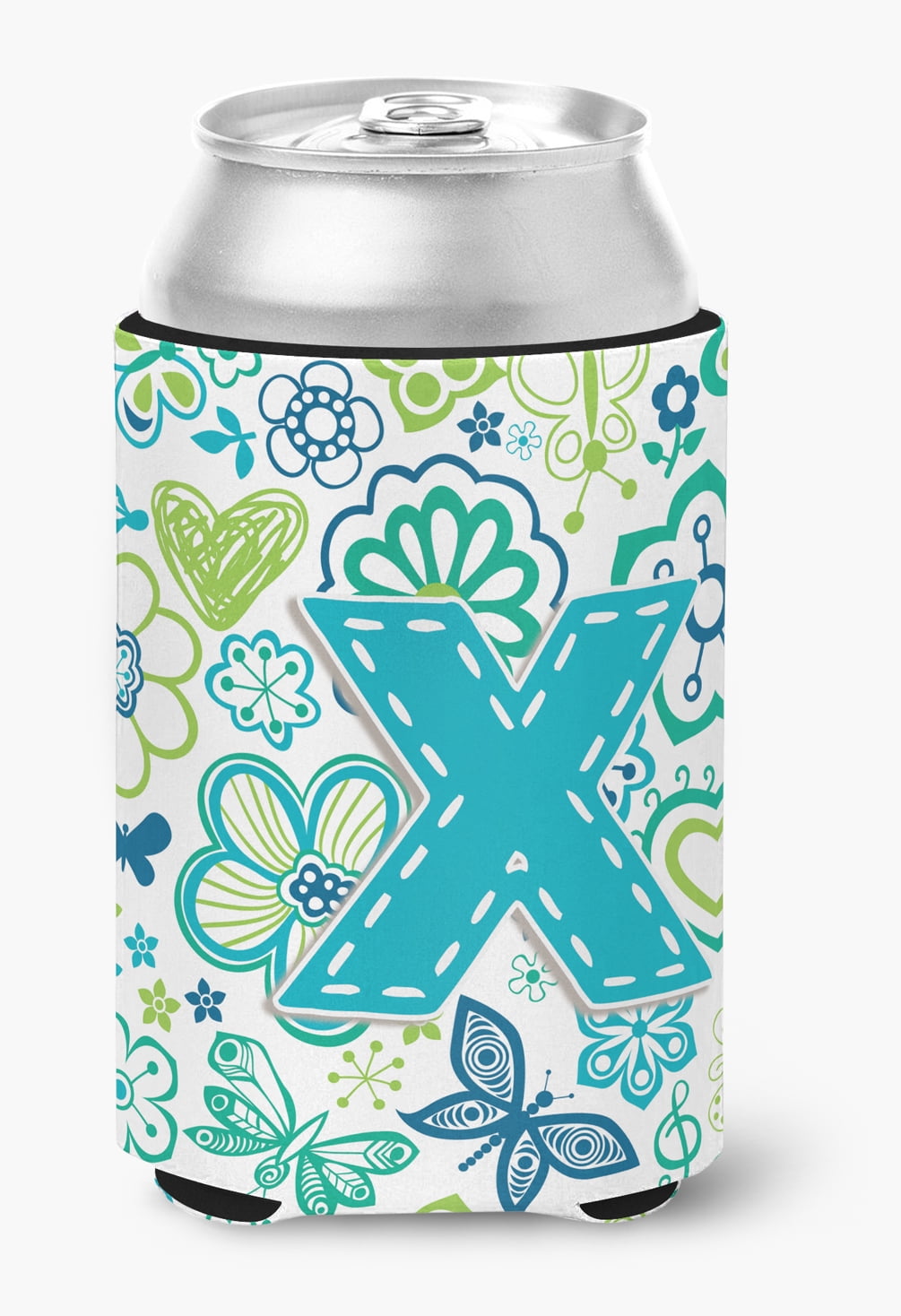 Letter X Flowers and Butterflies Teal Blue Can or Bottle Hugger
