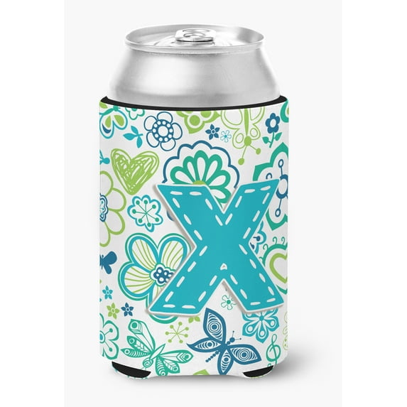 Letter X Flowers and Butterflies Teal Blue Can or Bottle Hugger
