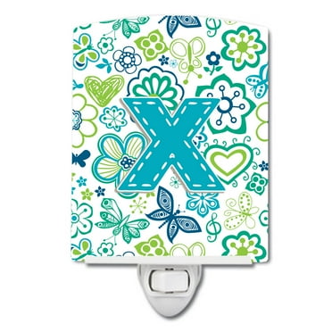 Letter X Flowers and Butterflies Teal Blue Ceramic Night Light