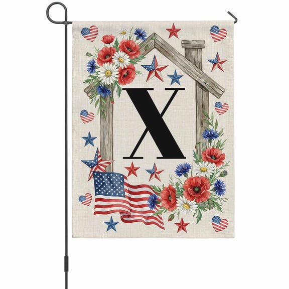 Letter X Garden Flag 12 x 18 Inches, Patriotic Americana Red Blue Flag Floral Wooden Frame Weather Proof Outdoor Patio Flags Double Sided Small Garden Decoration for Yard Outside Home