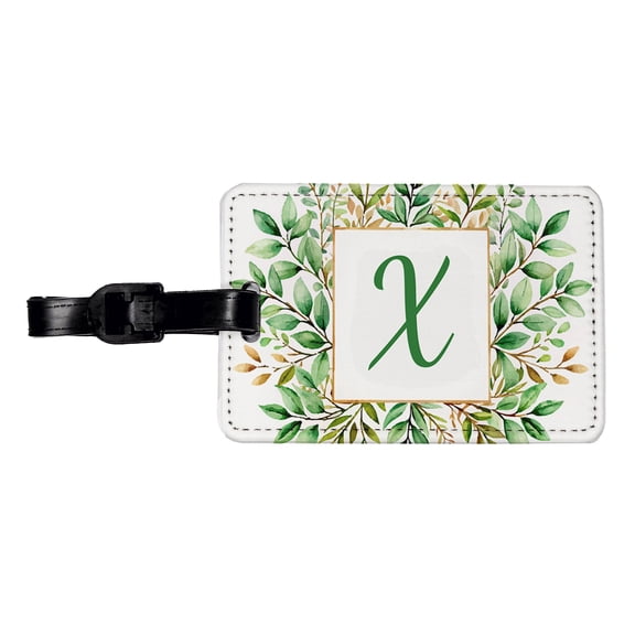 Letter X Initial Monogram Frame Leaf Faux Leather Travel Luggage Tag