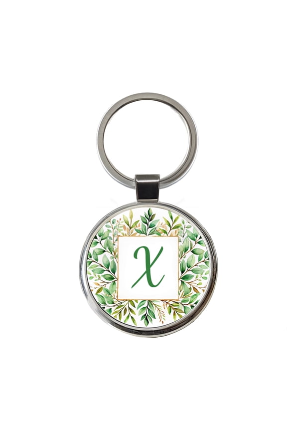 Letter X Initial Monogram Frame Leaf Metal Round Keychain