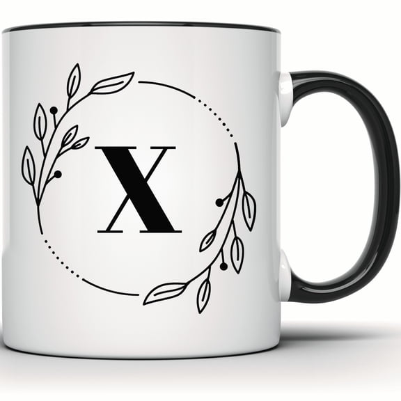 Letter X Initial Mug - Floral Wreath Design, Custom Alphabet Monogram Coffee & Tea Mug, Personalized Name Gift - 11 Ounce Black Rim Handle Novelty Coffee Cup - WMUG0374-Black Rim