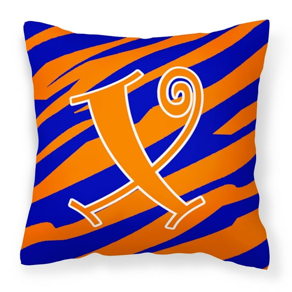Letter X Initial  Tiger Stripe Blue and Orange Fabric Decorative Pillow