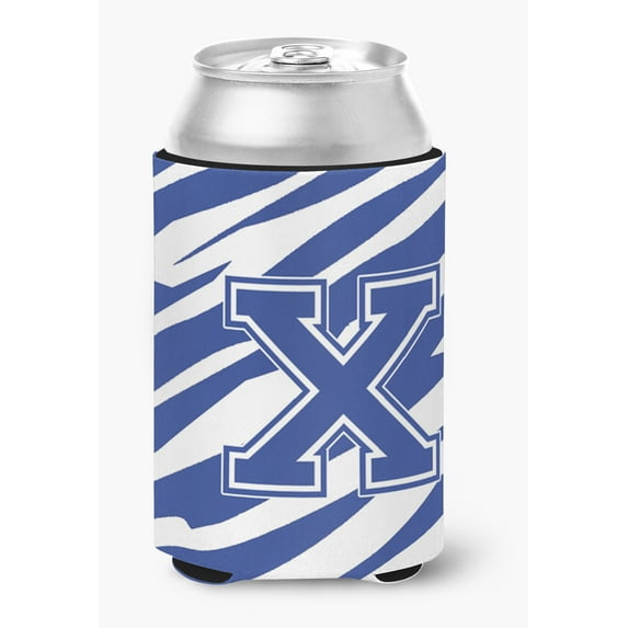 Letter X Initial Tiger Stripe Blue and White Can or Bottle Hugger