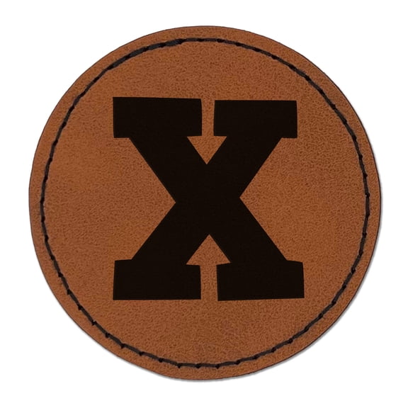 Letter X Uppercase Fun Bold Font 2.5" Faux Leather Round Engraved Iron-On Patch - Brown