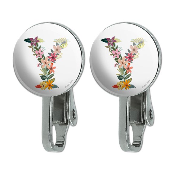 Letter Y Floral Monogram Initial Novelty Clip-On Stud Earrings