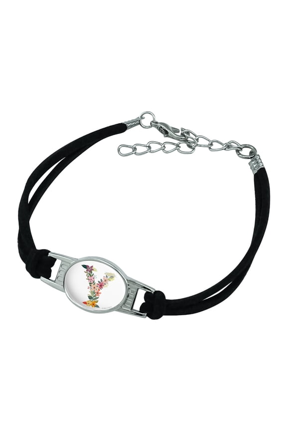 Letter Y Floral Monogram Initial Novelty Suede Leather Metal Bracelet