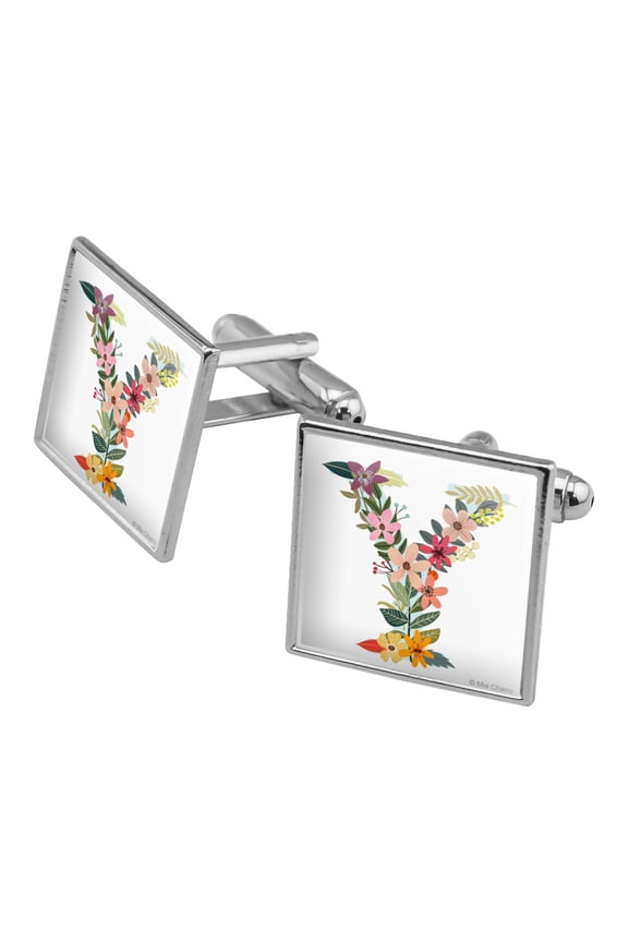Letter Y Floral Monogram Initial Square Cufflink Set - Silver or Gold