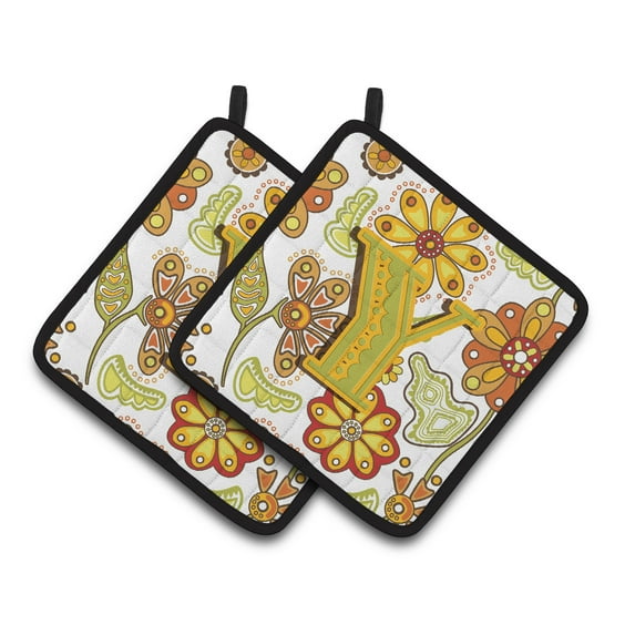 Letter Y Floral Mustard and Green Pair of Pot Holders