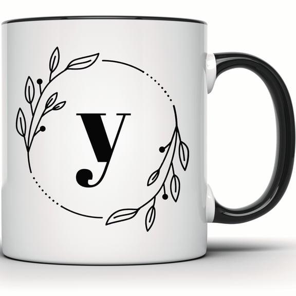 Letter Y Floral Wreath Initial Mug - Personalized Monogram Coffee & Tea Mug - Custom Gift Idea - 11 Ounce Black Rim Handle Novelty Coffee Cup - WMUG0401-Black Rim