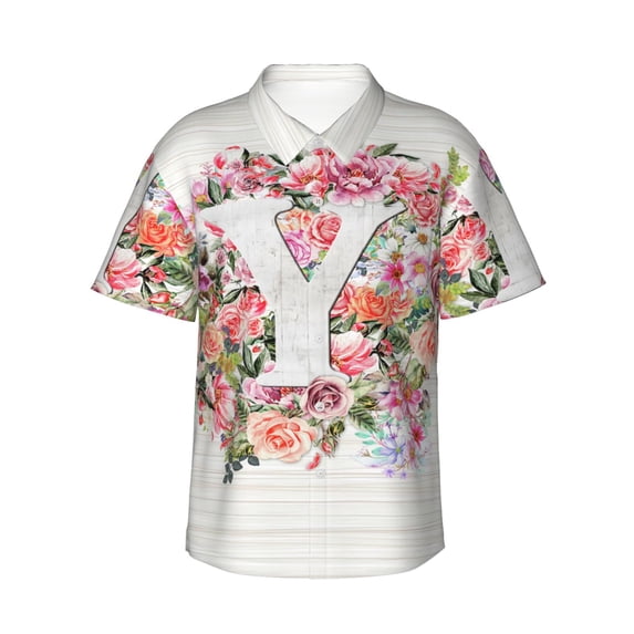 Letter Y Flower Graphic Hawaiian Shirts For Men, Summer Short-Sleeve Relaxed-Fit Button-Down Shirts 3x-Large