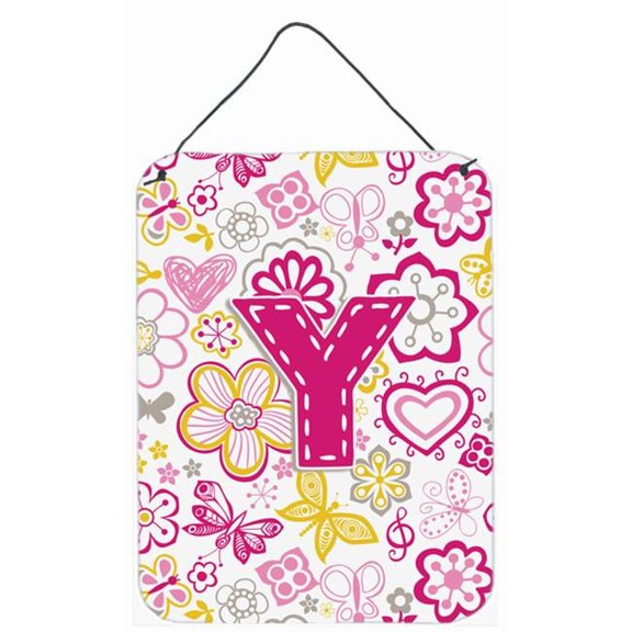 Letter Y Flowers And Butterflies Pink Wall and Door Hanging Prints - Pink - 12 L x 0.02 W x 16 H in.