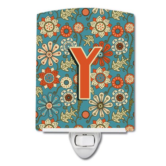 Letter Y Flowers Retro Blue Ceramic Night Light