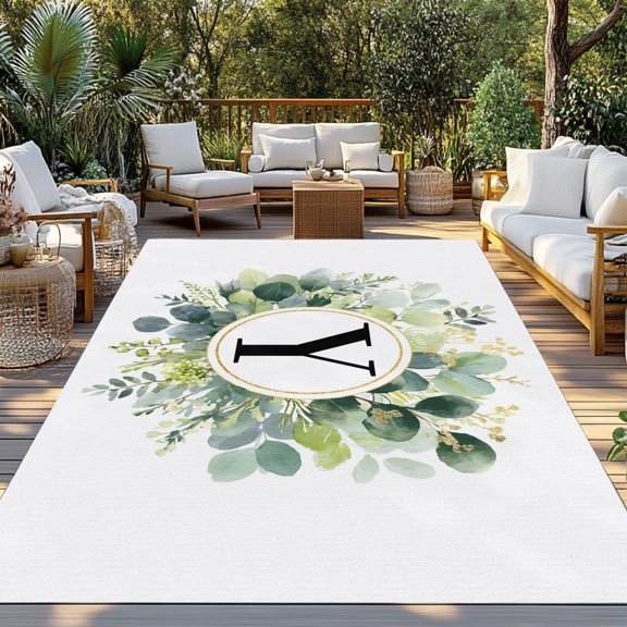 Letter Y Indoor Outdoor Rugs 3x5 Ft, Alphabet Green Eucalyptus Leaves Plant Simple Outdoor Patio Rugs Mat Washable Outside Area Rugs Carpet for Porch Deck RV Camping Pool Balcony Backyard