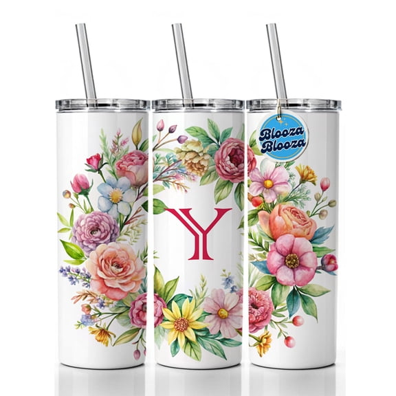 Letter Y Initial Monogram Flowers Floral 20oz Insulated Water Bottle Skinny Tumbler Includes Straw