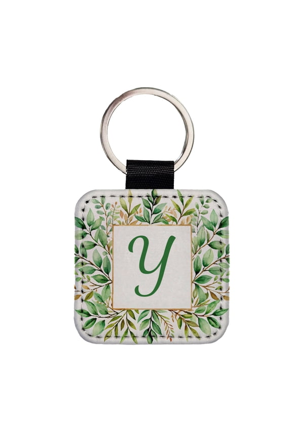 Letter Y Initial Monogram Frame Leaf Faux Leather Square Keychain
